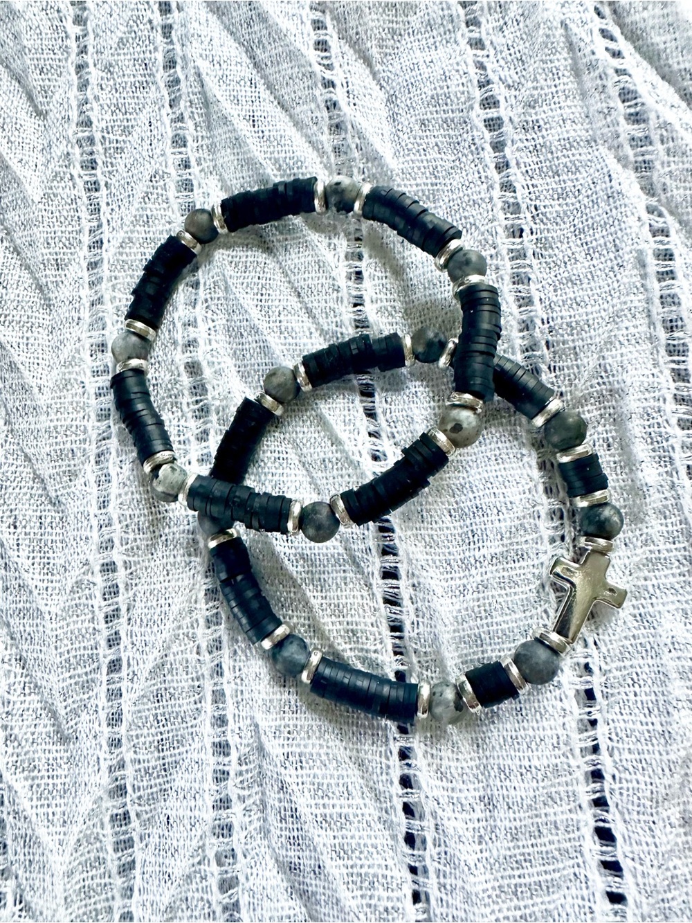 Black and Grey Bead Stretch Bracelet Set with Silver Accents